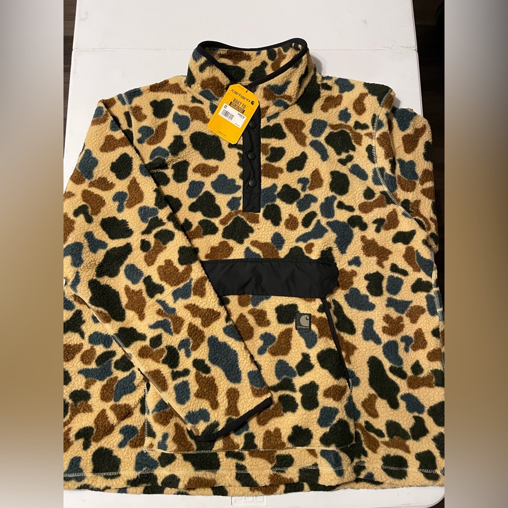 1972 Style Duck Camo Carhartt Fleece Jacket Snap Neck Men’s 2XL Tall